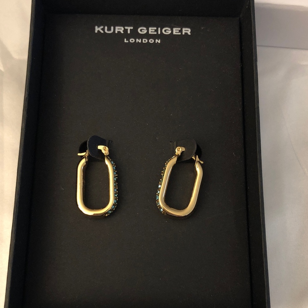 Kurt Geiger London Gold Tone Oval Hoop Earrings Blue Crystal Accents NIB